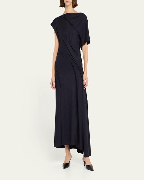 Asymmetric Draped Wool Jersey Maxi Dress