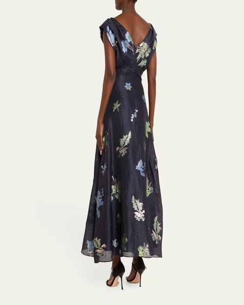 V-Neck Metallic Floral Gingham Jacquard Midi Dress