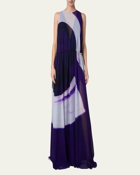 Loop-Print Elastic Silk Crepe Gown