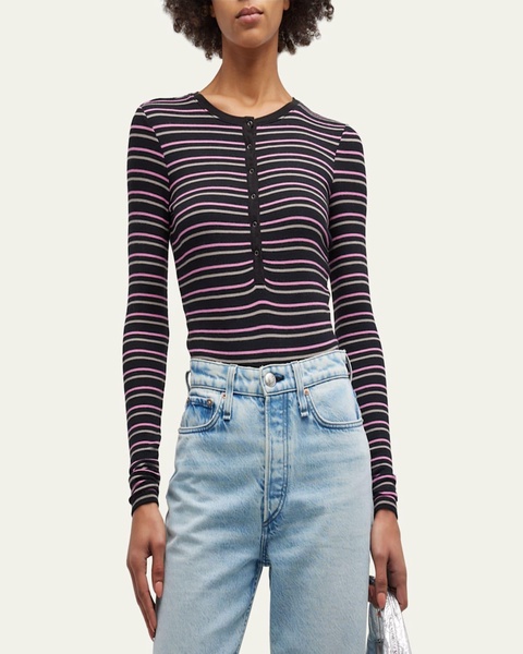 Long-Sleeve Striped Henley Bodysuit