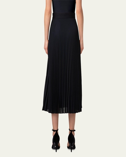 Mixed Media Wool-Blend Plisse Midi Skirt