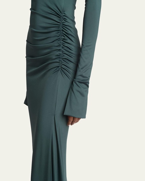 Slash-Neck Long-Sleeve Ruched Jersey Gown