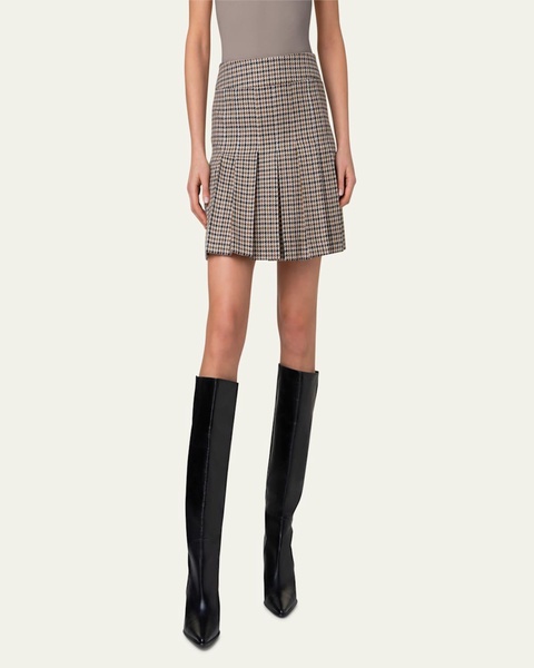 Houndstooth Shetland Tweed Pleated Mini Skirt