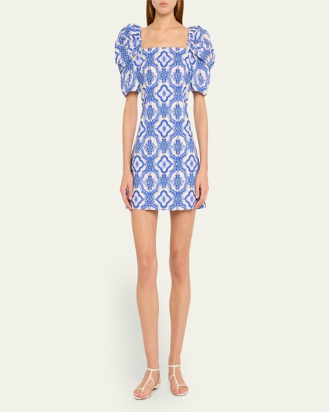 Kelly Blue Tile Print Puff-Sleeve Dress