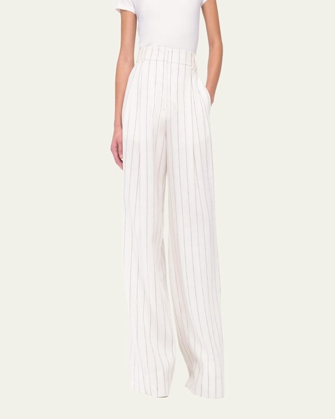 Stripe Pleated Front Wide-Leg Linen Trousers