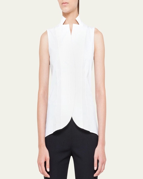 Notched Stand-Collar Sleeveless Button-Front Blouse