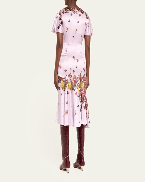 Victoria Flutter-Sleeve Butterfly Print Silk Midi Dress