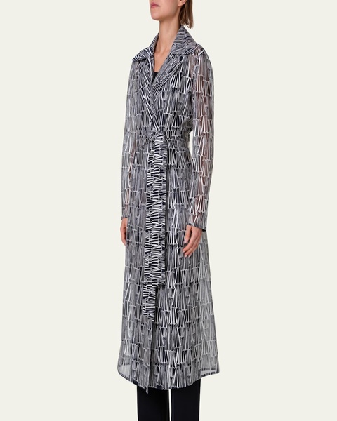 Iman Silk Organza Trench Coat with Asagao Striped Embroidery