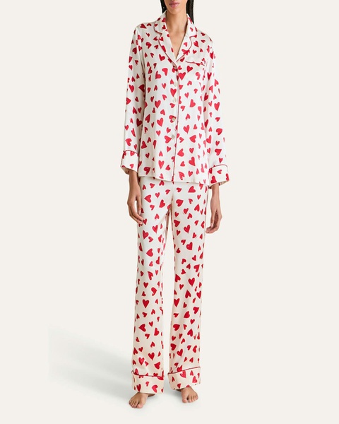 Lila Heart-Print Silk Pajama Set