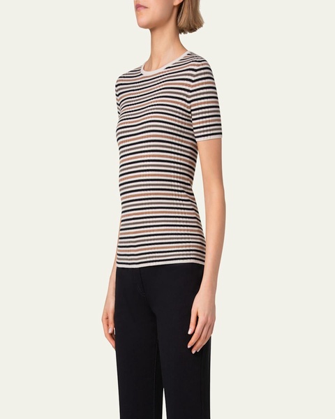 Virgin Wool Striped Rib Knit Top