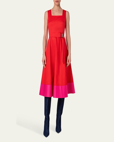 Cotton Poplin Colorblock Midi Dress with Belted Waist