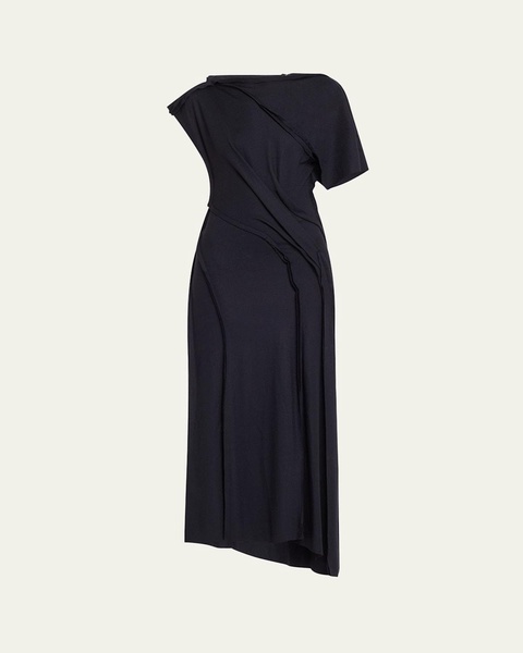 Asymmetric Draped Wool Jersey Maxi Dress