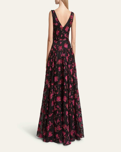 Floral Textured Gown with Gathered Skirt