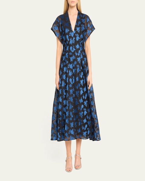 V-Neck Rode Jacquard A-Line Midi Dress