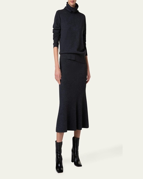 Ribbed Cashmere Godet Midi Skirt