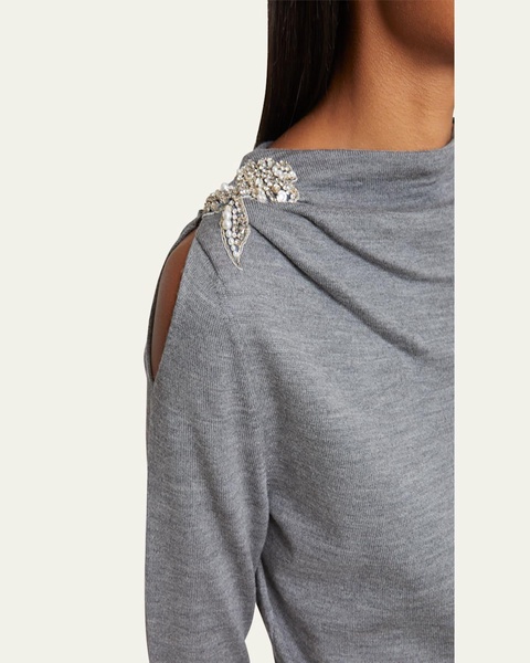 Draped Cutout Sleeve Crystal Patch Wool Sweater