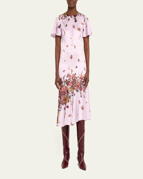 Victoria Flutter-Sleeve Butterfly Print Silk Midi Dress