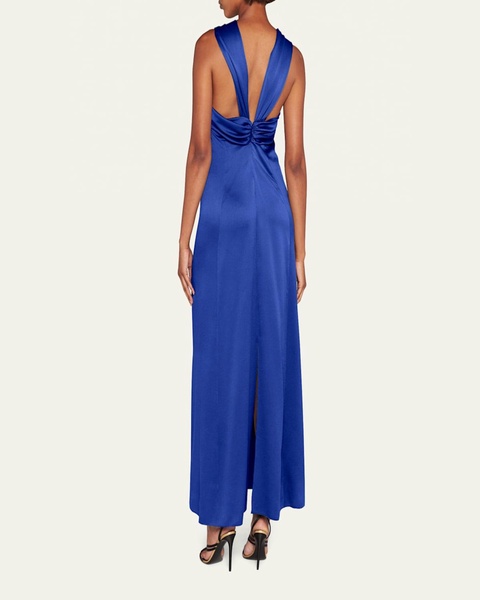 Pleated Halter Slit-Hem Silk Gown