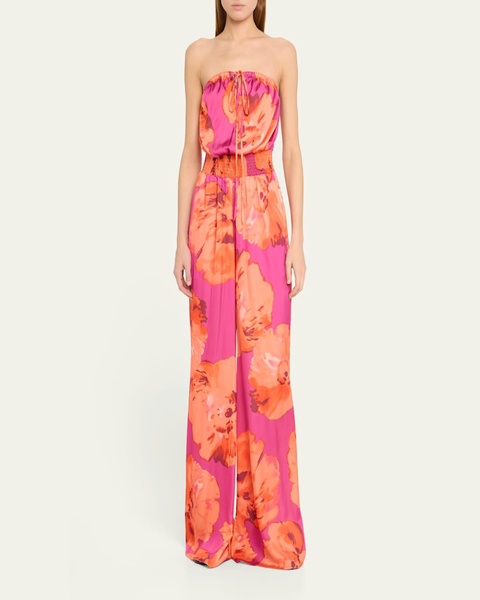 Mindy Watercolor Bloom Strapless Wide-Leg Jumpsuit