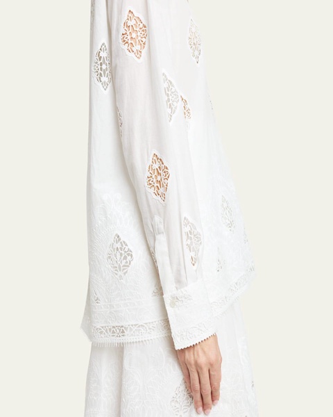 Lace-Embroidered Long-Sleeve Open-Back Shirt