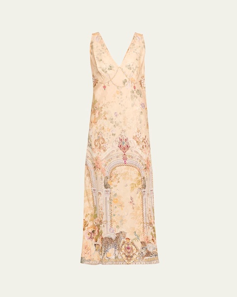 V-Neck Jacquard Slip Midi Dress