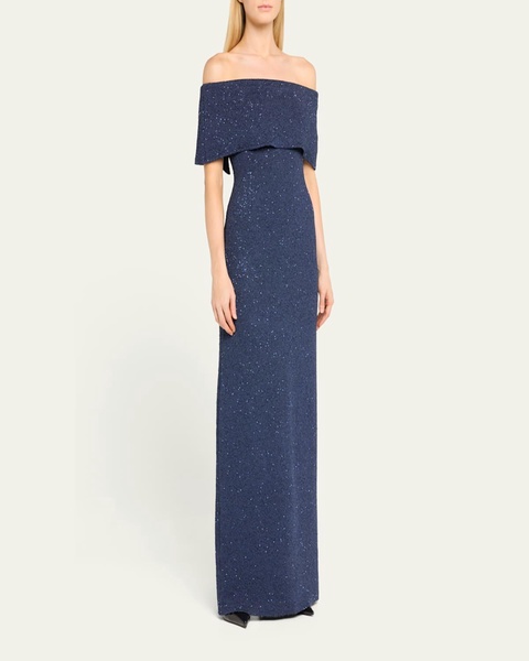 Paillette Knit Off-The-Shoulder Gown