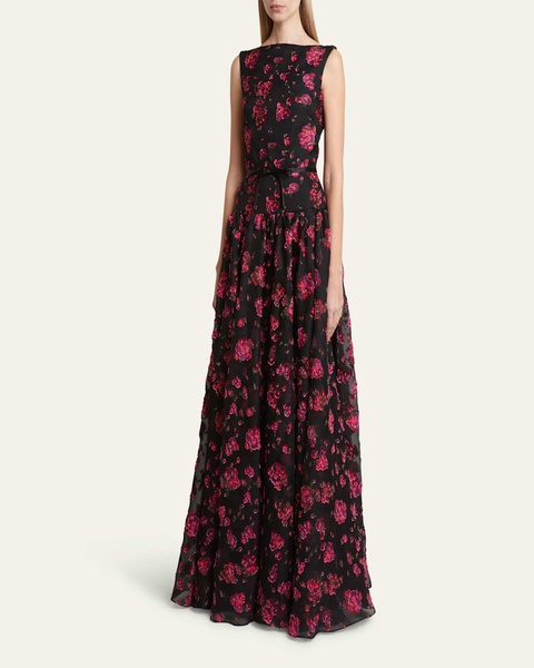 Floral Textured Gown with Gathered Skirt