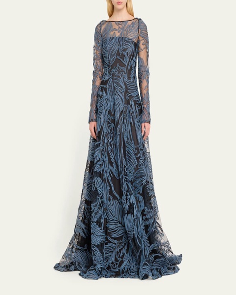 Raffia Embroidered Gown With Sheer Overlay