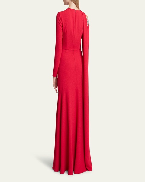 Crystal Embellished Long-Sleeve Evening Gown