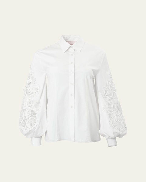 Embroidered Puff-Sleeve Button-Front Blouse