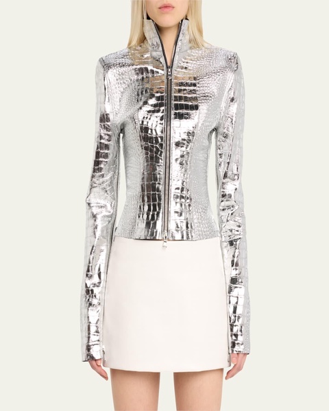 Metallic Croc-Embossed Leather Jacket