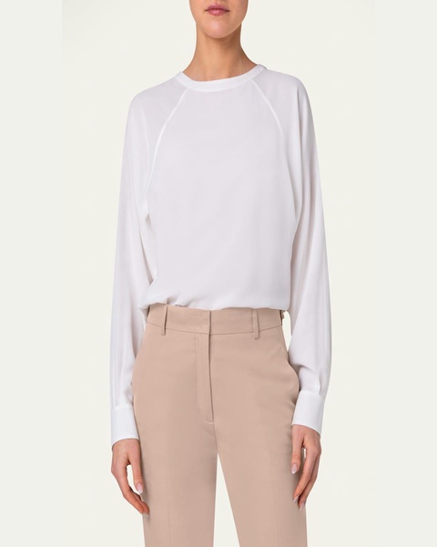 Crewneck Long-Sleeve Silk Crepe Blouse