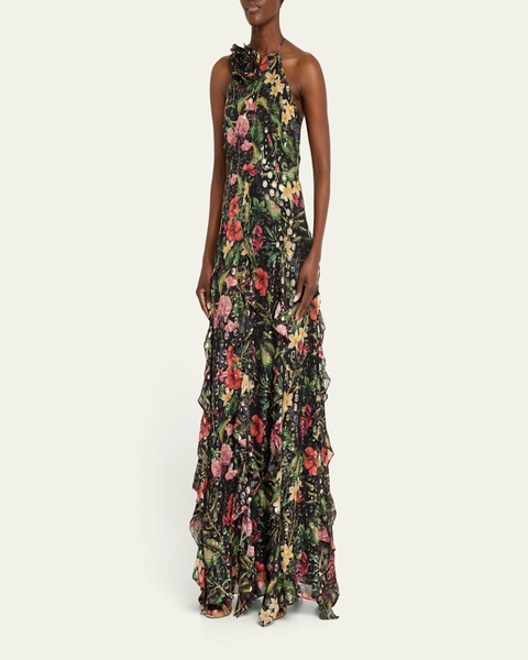 Idella Metallic Floral-Print Ruffle Halter Gown