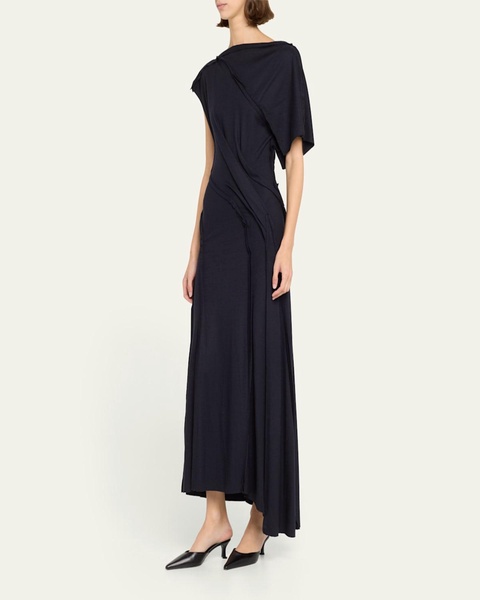 Asymmetric Draped Wool Jersey Maxi Dress