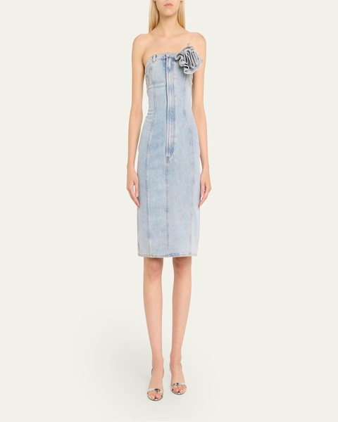 Strapless Denim Midi Dress with Flower Corsage