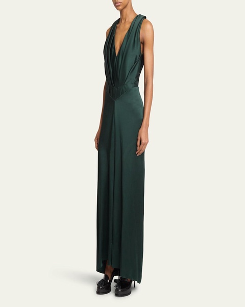 Plunging Pleated Satin Gown