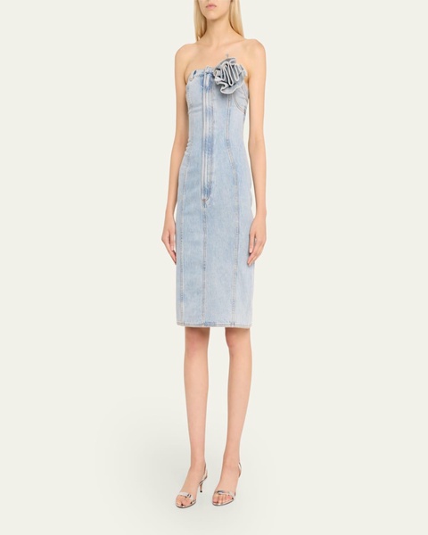 Strapless Denim Midi Dress with Flower Corsage