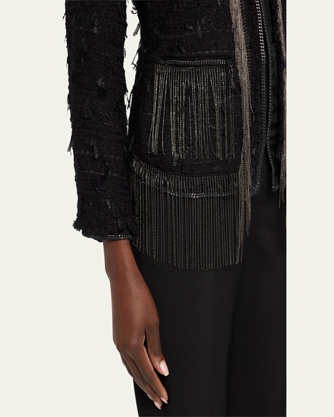 Leyla Chain-Trim Fringe Tweed Jacket