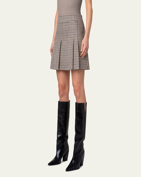 Houndstooth Shetland Tweed Pleated Mini Skirt