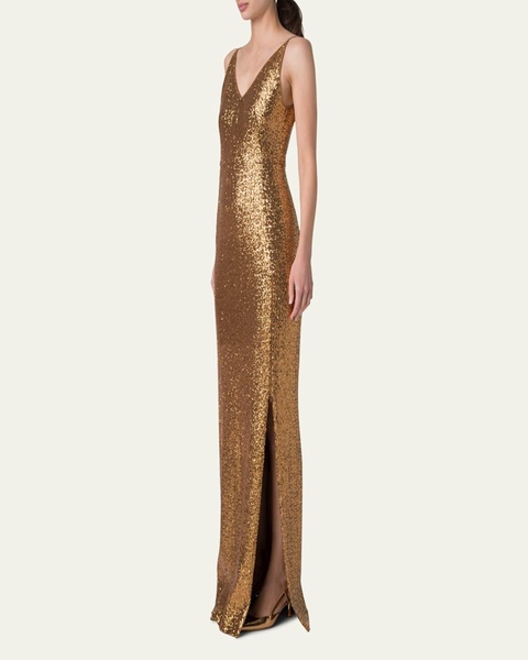 V-Neck Stretch Paillette Jersey Slit Gown