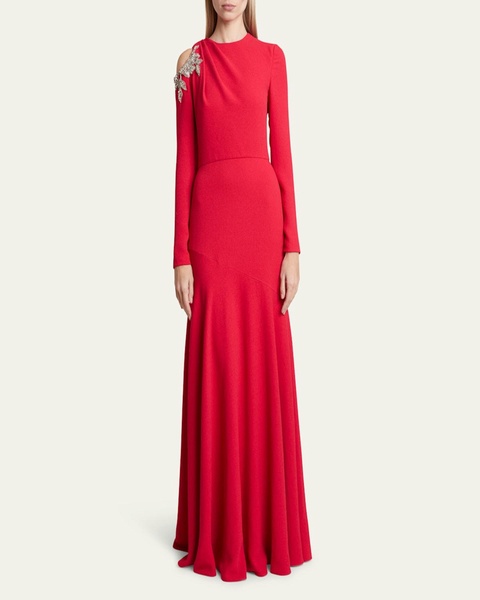 Crystal Embellished Long-Sleeve Evening Gown