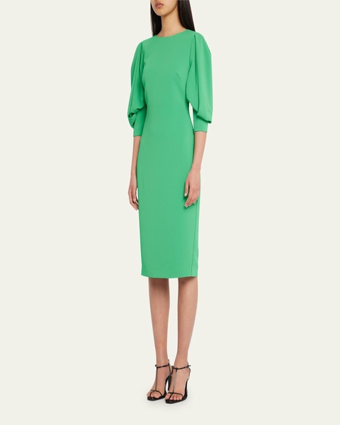 Pleated-Sleeve Bodycon Crepe Midi Dress