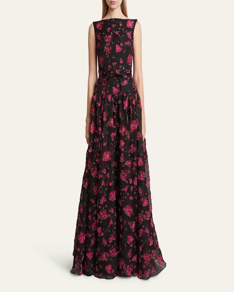 Floral Textured Gown with Gathered Skirt