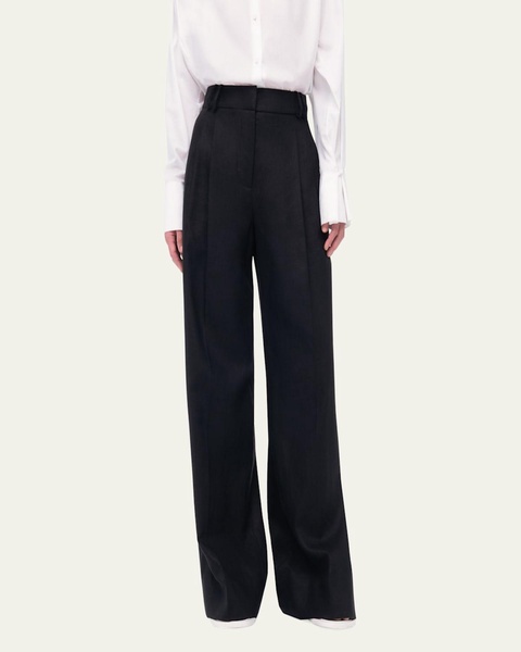 Pleated Front Wide-Leg Linen Trousers