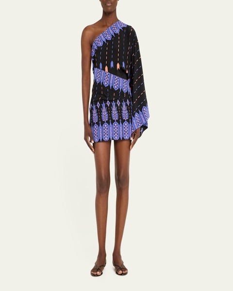 Black Canyon Printed One-Shoulder Silk CDC Mini Dress