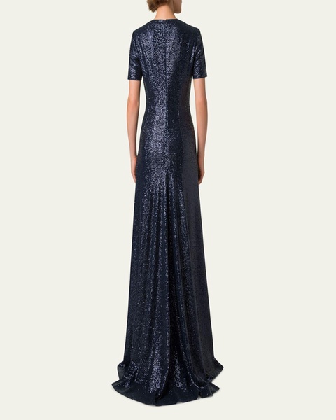 Short-Sleeve Stretch Paillette Jersey Gown