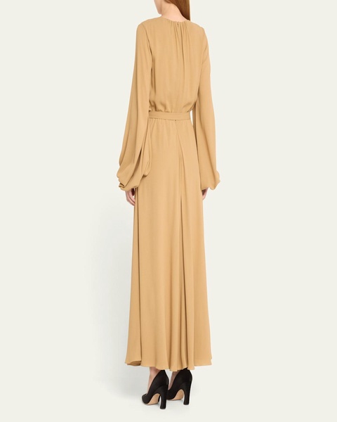 x Atelier Jolie Scoop-Neck Long-Sleeve Belted Silk Maxi Dress