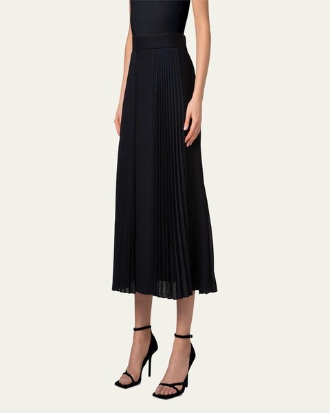 Mixed Media Wool-Blend Plisse Midi Skirt