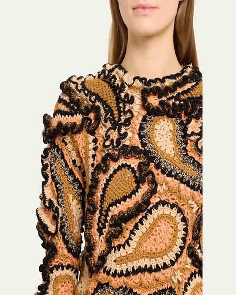 Sunara Ruffled Paisley Knit Pullover Sweater