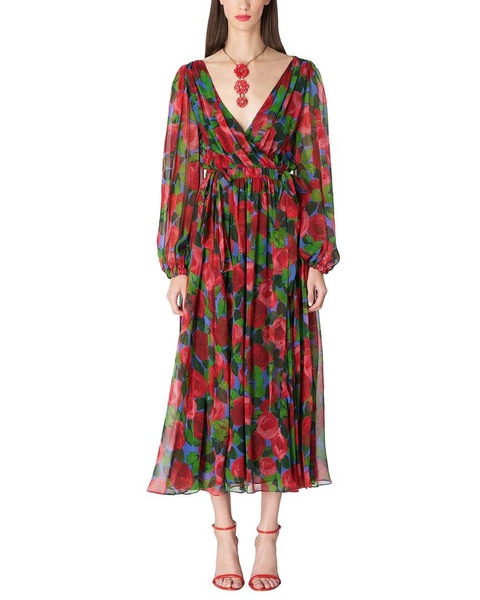 Carolina Herrera V-Neck Faux Wrap Silk Midi Dress